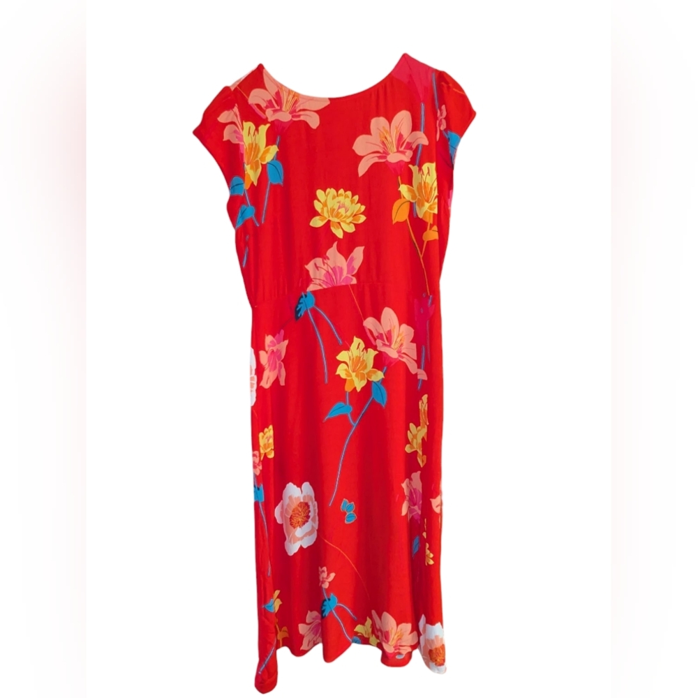 Loft Orange Red Tropical Floral Print Cap Sleeve Midi Dress Size 4